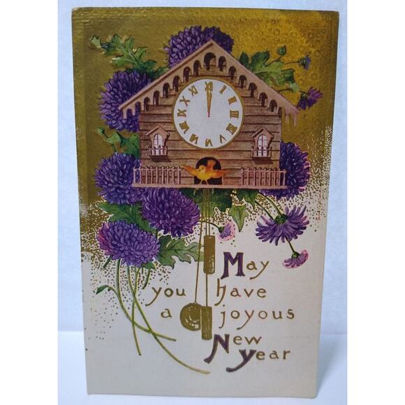New Years Postcard Bird In Black Forest Cuckoo Clock Vintage Embossed Koo Koo - Picture 1 of 2